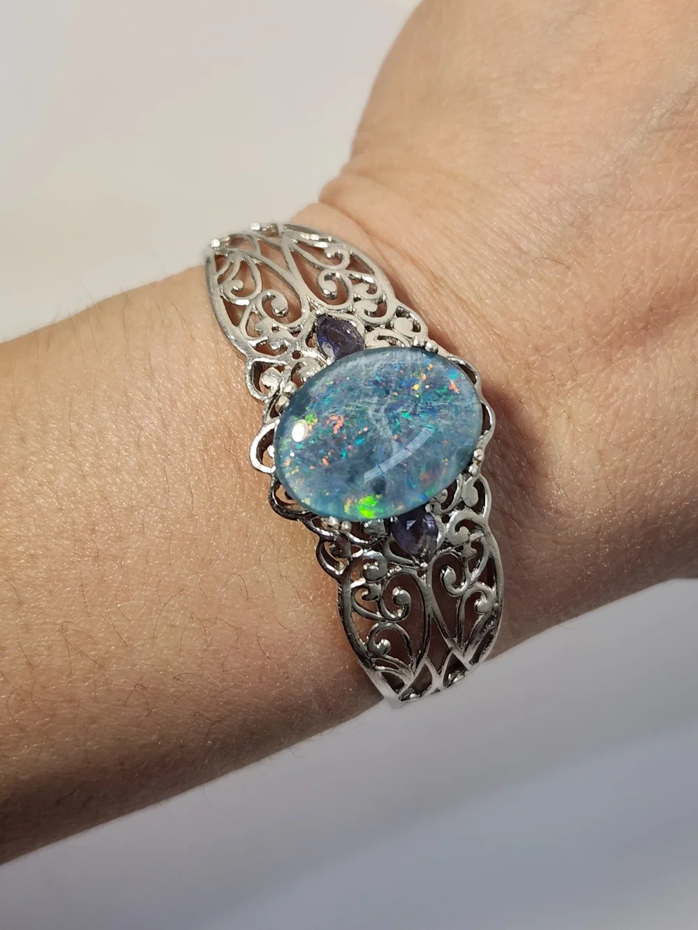 VTG Large Natural Opal & Amethyst 925 Filigree Cuff Btacelet - Picture 7 of 16